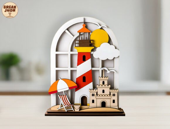 3D Layered Lighthouse Beach Scene SVG for Laser Cutting and Home Decor