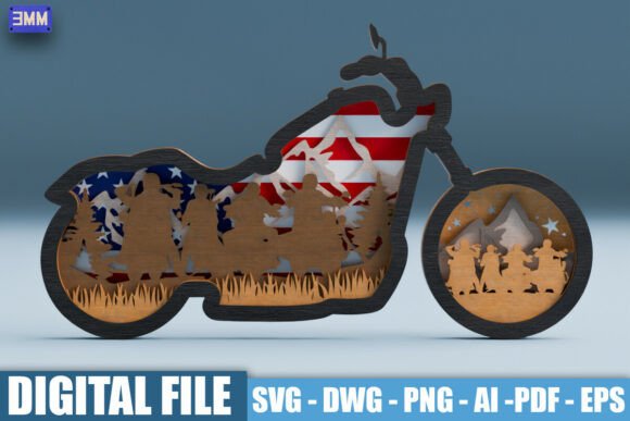 3D Patriotic Motorcycle Sign SVG DXF for Laser Cutting Stands