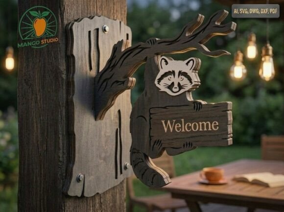 3D Raccoon Welcome Sign Layered 3mm: Laser Cutting Signs for Branding