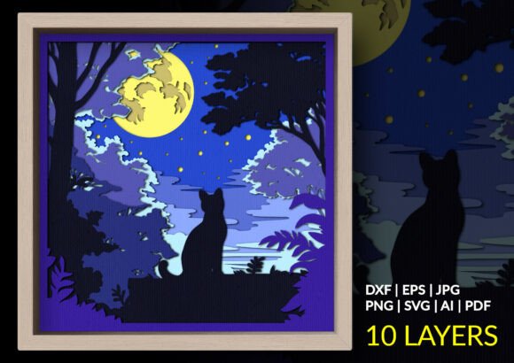 Moonlight Cat 3d Shadow Box, Cat SVG